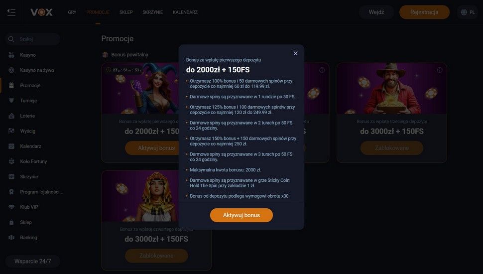 Vox Casino Bonus powitalny