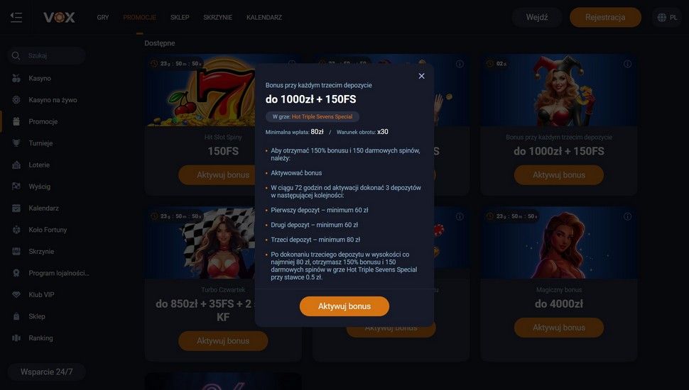 Vox Casino Bonus przy każdym trzecim depozycie