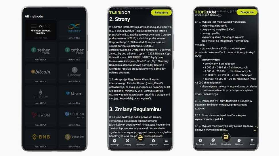 Mobile screenshots of Twindor Casino pages