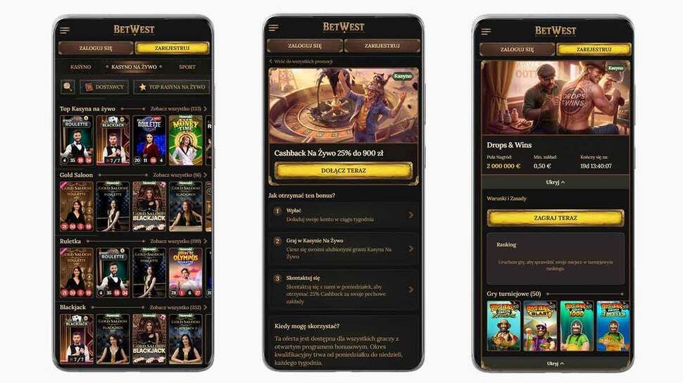 Zrzuty ekranu z aplikacji mobilnej Betwest Casino