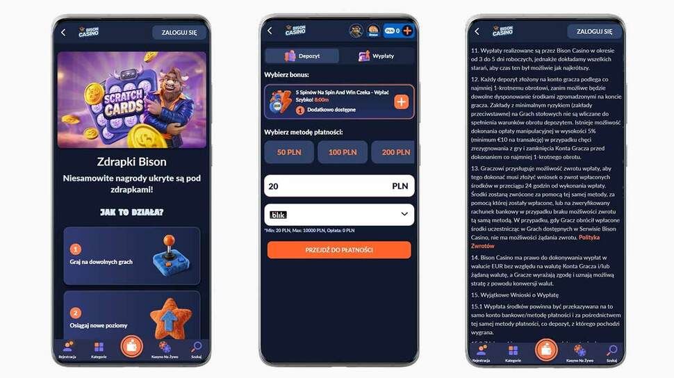 Zrzuty ekranu z aplikacji mobilnej Bison Casino