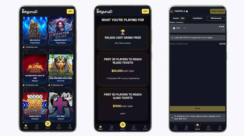 Zrzuty ekranu z aplikacji mobilnej Bitguruz Casino