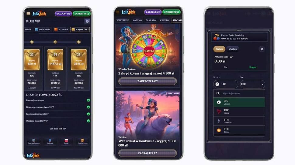 Zrzuty ekranu z aplikacji mobilnej Lolajack Casino