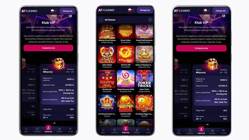Zrzuty ekranu z aplikacji mobilnej NV Casino