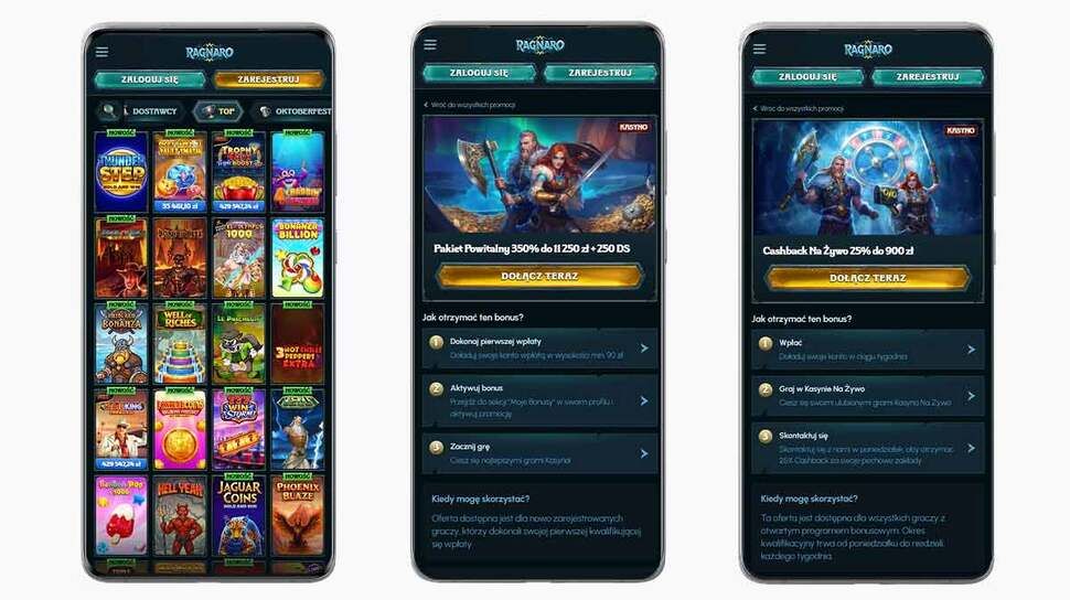 Zrzuty ekranu z aplikacji mobilnej Ragnaro Casino