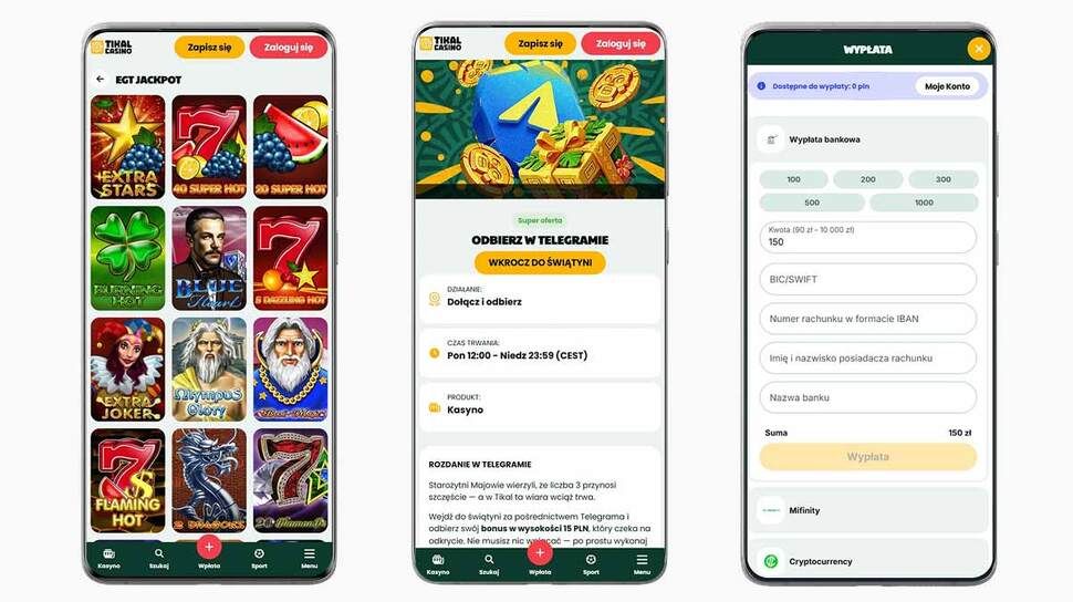Zrzuty ekranu z aplikacji mobilnej Tikal Casino
