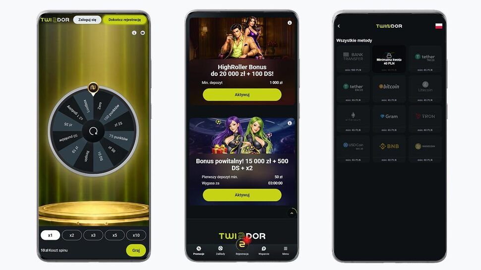 Zrzuty ekranu z aplikacji mobilnej Twindor Casino