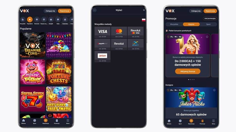 Zrzuty ekranu z aplikacji mobilnej Vox Casino