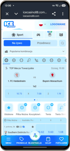 Mobilny zrzut ekranu strony sportowej bukmachera Ice