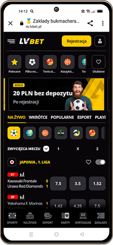 Mobilny zrzut ekranu strony sportowej bukmachera LVBET