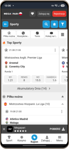 Mobilny zrzut ekranu strony sportowej bukmachera Megapari