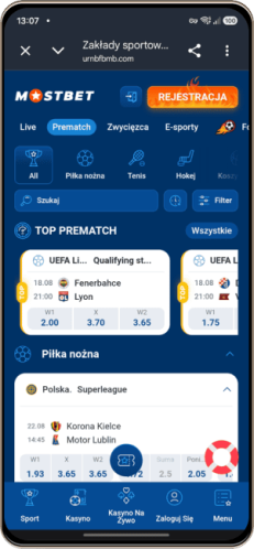Mobilny zrzut ekranu strony sportowej bukmachera Mostbet