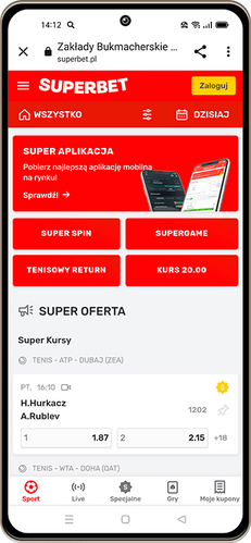 Mobilny zrzut ekranu strony sportowej bukmachera Superbet