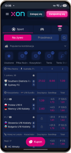 Mobilny zrzut ekranu strony sportowej bukmachera Xon.bet